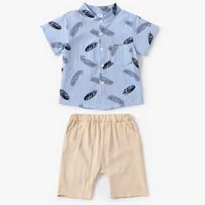 BS-2pcs Toddler Kid's Cartoon Feather Pattern Casual Summer Set, Short Sleeve Shirt & Shorts, Baby Boy's Clothe BS55