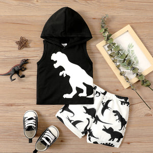 PP-2pcs Baby Boy Dinosaur Print Sleeveless Hoodie And Shorts Set PP44