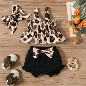 PP-3pcs Baby Girl Leopard Sleeveless Top and Bowknot Shorts with Headband Set PP500
