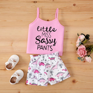 PP-2pcs Baby Girl Letter Print Camisole And Dinosaur Print Shorts Set PP25