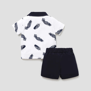 PP-2pcs Baby Boy 100% Cotton Solid Shorts And Allover Feather Print Contrast Collar Short PP22