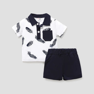 PP-2pcs Baby Boy 100% Cotton Solid Shorts And Allover Feather Print Contrast Collar Short PP22
