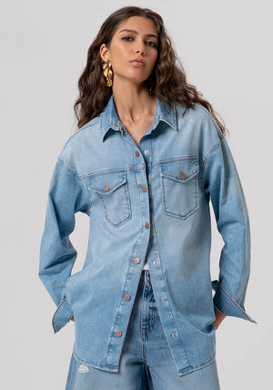Oversized bleached-wash denim shirt