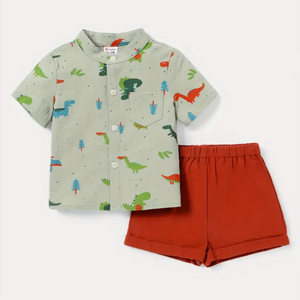 PP-PatPat 2pcs Baby Boy Cotton Short-sleeved Allover Dinosaur Print Shirt And Solid Shorts Set PP33