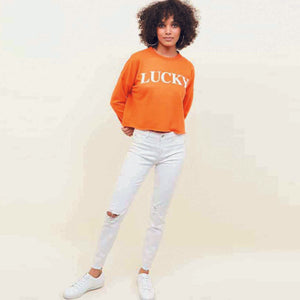 Newlook-WOMEN'Bright Orange' Lucky Slogan Cropped Sweatshirt NL703 (4402785812565)