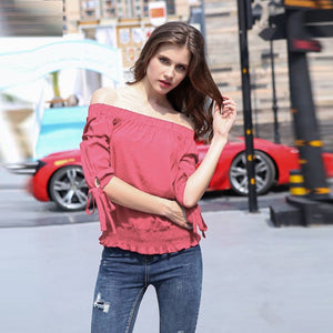 Z.E.E.B.R.A - Women 'Pink Rose' OffShoulder Short Sleeves Top Blouse ZR1069